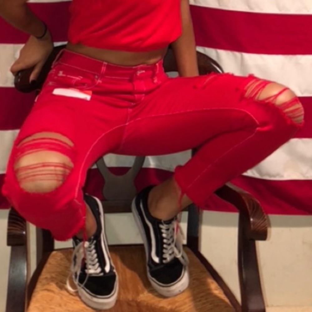 NWT Garage Retro High Waist Red Distressed jeans jeggings white stitching sz 5